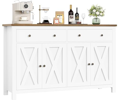 FirFurd Buffet Cuisine Meuble de Cuisine Rangement Buffet avec 4 Portes 2 Tiroirs Étagères Réglables Meuble de Rangement pour Salon Salle à Manger 140x40x89 cm Blanc