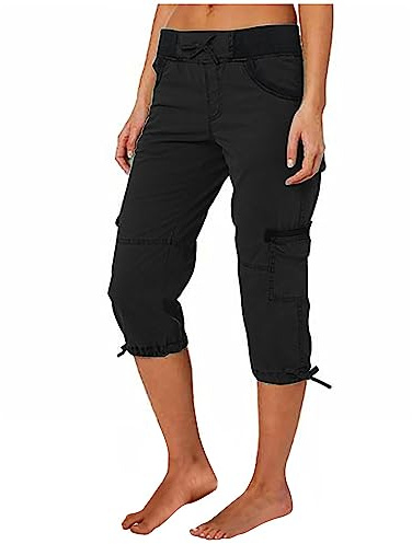 Cargohose Damen Sommer Knielang Cargo Shorts 3/4 Arbeitshose Regular Fit Sommerhose Einfarbig Caprihose Baumwolle Hose Hohe Taille Freizeithose Elastisch Sporthose Jogginghose Stoffhose mit Taschen
