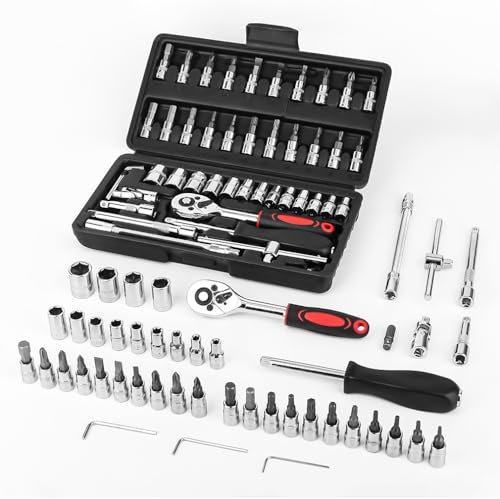 46 Pieces Socket Set, 1/4’’ Socket Sets Cr-V Steel Ratchet Wrench Set with Case,Heavy Duty Ratchet Set Mechanic Tool Set Includes Metric Bit Set,Ratchet Spanner and Extension Bar for Bike Auto Repair