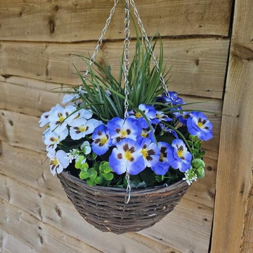 Best Artificial Pansy Display in 14 inch Woven Round Hanging Basket - Suitable For Outdoors (Blue & White)