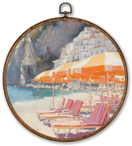 Voxitura Coastal Beach Umbrella Wall Art Round Framed, Preppy Ocean Surf Wall Decor Canvas Hanging Beachy Girly Room, Summer Retro Paintings Prints Artwork Decorations for Bedroom Dorm 10x10in