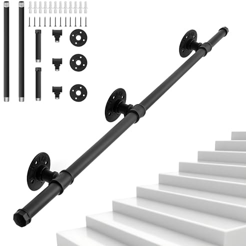 OUUTMEE Pasamanos de 150 cm, hierro forjado negro, calibre: diámetro de 25 mm, adecuado para uso interior y exterior, barandilla para escaleras, con soporte de pared y tapas finales