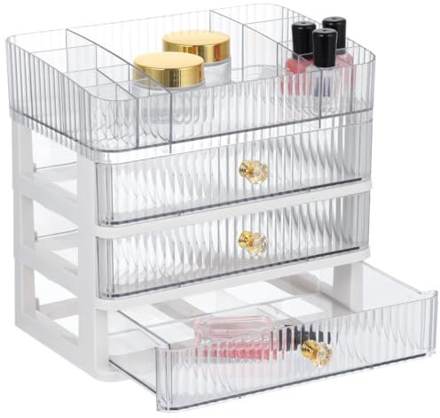 Organizer per trucchi a 4 strati con 3 cassetti, scatola trasparente per cosmetici, rossetti, pennelli, profumi, cura della pelle e ombretto