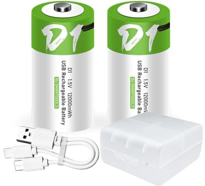 2 batterie a D USB Type-C D agli ioni di litio ricaricabili, ad alta capacità, 1,5 V, 8000 mAh, 12000 mWh, batteria al litio, ricarica rapida, 3 ore, con cavo di ricarica