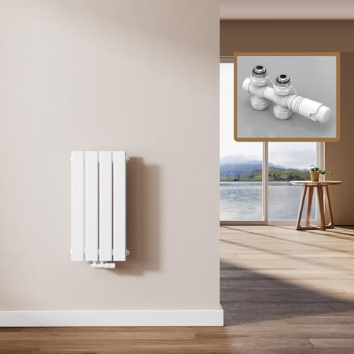 EMKE Design Heizkörper Klein, 600x304 mm Vertikal Flachheizkörper mit Mittelanschluss, Doppellagig Weiß Paneelheizkörper Wandheizkörper für Bad, Schlafzimmer & Wohnzimmer, 384W