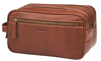 DRAKENSBERG Leder Kulturbeutel Herren 'Enrico' mit 2 Reißverschluss-Fächern, Gross, Elegante Kosmetiktasche, 5L - Kastanien-Braun, DR00510