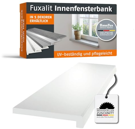 HausFux Fuxalit Innenfensterbank Weiß – Zuschnitt auf Maß – MDF-Fensterbank mit CPL-Beschichtung – modern, UV-beständig, pflegeleicht (Weiß, T x L | 15 x 90 cm)