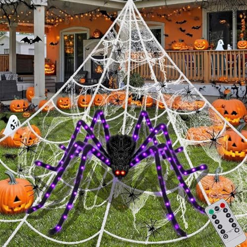 NMM Halloween Toile D'araignée Ensemble Decoration, Deco Halloween Extérieur/Intérieur, Araignée XXL de 150 cm avec lumières LED, Décoration de Jardin avec Télécommande, Toile D'araignée de 7m×5,5 m