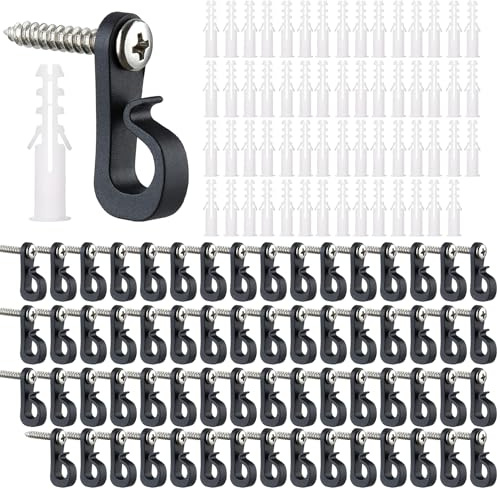 60 Pcs Screw in Hooks, Black Patio Wall Hook, Christmas Lights Hanger Screw | Expansion Bolt with Safety Buckle, Outdoor and Indoor Use Hook, Hanging Light Screw for Hanging Lights Plants