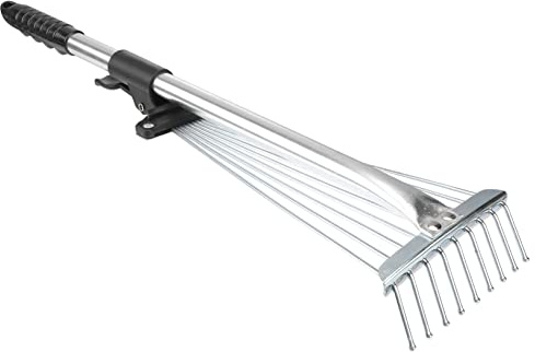 BAZEITFLOW Rastrello per Foglie da Giardino in Metallo Manico Antiscivolo, Asta Telescopica in Lega di Alluminio Resistente, 9 Denti Densi per Pulizia Prato e Cortile Outdoor