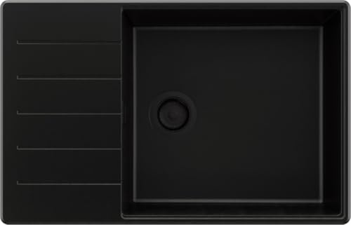PRIMAGRAN Lavello da Cucina al Mobile 60cm + Kit di scarico, 78x50cm | Set: Kit di scarico (sifone, piletta, troppopieno) + Lavandino in Granito a 1 Vasca - Copenhagen Top, Tutto Nero