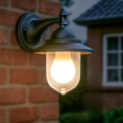 JungesLicht - E27 Wandleuchte Toskana IP54-9W LED mit Bewegungsmelder und Dämmerungssensor, 820Lumen = 60W, 3000K Warmweiß, Gartenleuchte Retro Vintage Modern Klassisch Ländlich Wandlampe