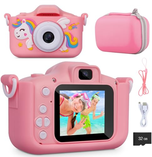 Kinderkamera inkl.Tragetasch Digitalkamera Spielzeug für 3-10 Jahre Mädchen Junge Geburtstag Weihnachten Geschenk 1080P HD 32GB SD-Karte Kamera Kinder Fotoapparat (Rosa)