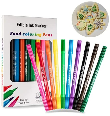 Edible Markers 10 Pack for Cakes & Cookies – Food Colouring Pens for Baking, Icing, Fondant & Cupcake Decorating, Food Grade Edible Ink Pens