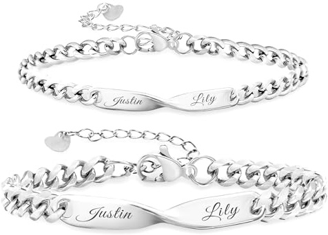 Malihome Set di bracciali a catena per coppie con simbolo dell'infinito personalizzato, incisione del nome personalizzabile,coordinato con i gioielli per lui e per lei (Silver)