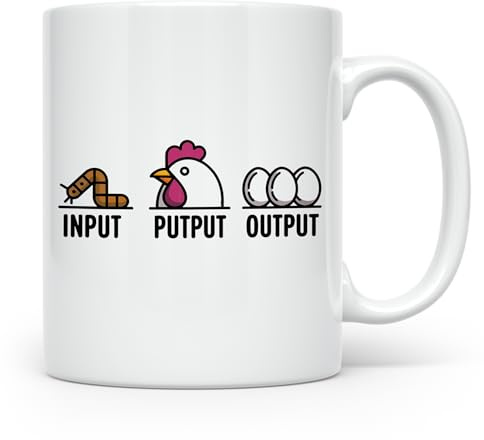 Hühner Tasse Input Output - Wurm Ei Kreislauf Bauernhof Landwirt Geschenkidee Stall Hennen Legehenne Geflügelzüchter Morgens Arbeit Evolutio (Weiß)