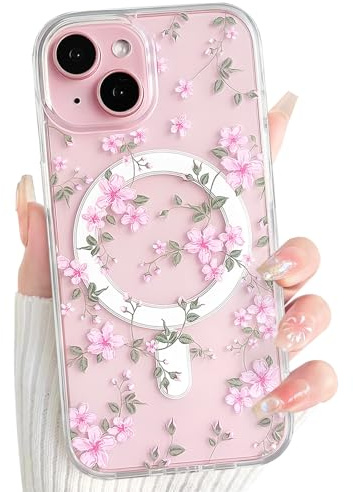 NITITOP Cover Magnetica per iPhone 15 Carina Fiori, Rosa | Compatibile con MagSafe, Trasparente Aesthetic Floreale Motivo, per Ragazze Donna, PC Anti-Graffio Antiurto Custodia