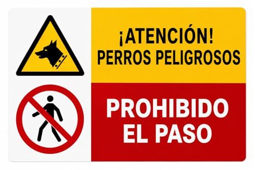 Becral® Señal Combinada Perros Peligrosos + Prohibido el Paso 300x200 mm | Adhesivo Vinilo Seguridad | Cartel Advertencia Perros