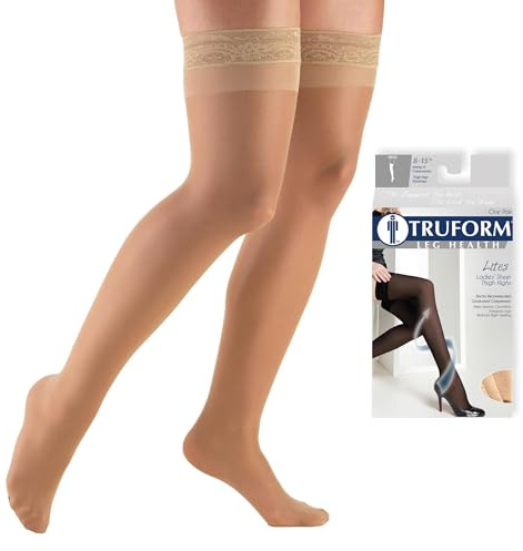 Truform Sheer Compression Stockings, 8-15 mmHg, Women's Thigh High Length, 20 Denier, Beige, Large