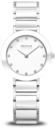 BERING Damen Quarz Uhr | Armbanduhr 29 mm silbernes Edelstahlgehäuse und weißes Zifferblatt | Edelstahlband mit Keramikelementen | 5 ATM | 11429-754