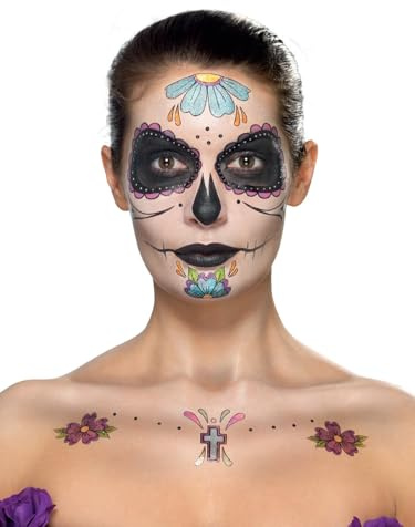 Smiffys Make-Up FX, Day of the Dead Kit, Aqua, Mul Transfer, Face Paints, Gems, Crayon & Applicators, Cosmetics and Disguises Fancy Dress, Halloween Dress Up Cosmetics & Disguises.