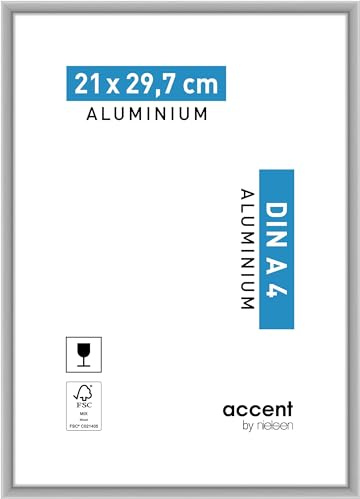 accent by nielsen Aluminium Bilderrahmen Accent, 21 x 29,7 cm (A4), Silber | Aluminium Dokumentenrahmen im Hoch- & Querformat zum Aufhängen Silber matt Echtglas