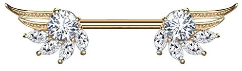 Beyoutifulthings Brustwarzen-Piercing Zirkonia Engelsflügel - Nippel-Piercing Edelstahl Roségold Clear Stab 1,6mm 14mm