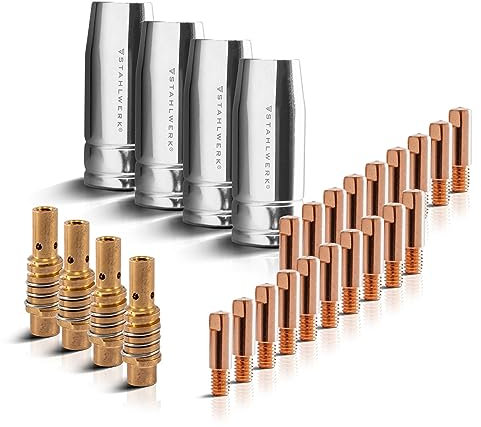 STAHLWERK MIG MAG Schweißzubehör AK15/MB15 AK14/MB14 Verschleißteile, Gasdüsen + Düsenträger + Stromdüsen für MIG MAG Schweißbrenner, Set 28-teilig