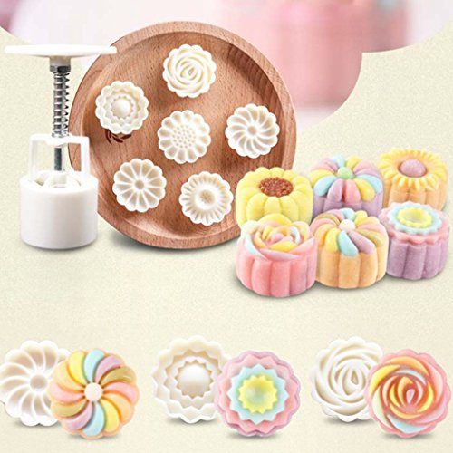 Manyo 7 Stück Backform Orientalische Blume rund Motiv Hand Pressure Mond 3D Kuchen Stempel Keksstempel DIY Dekoration Werkzeug für Backen