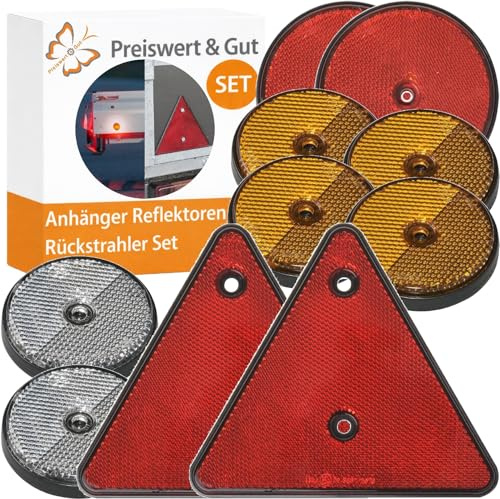 10 STK Reflektoren Anhänger E-Typ Kunststoff rund Dreieck 60 bis 80 mm | 6 Rundreflektoren 60 mm, 2 Rundreflektoren 80 mm und 2 Dreieck Rückstrahler in Rot, Gelb und Weiß mit E20 und E4