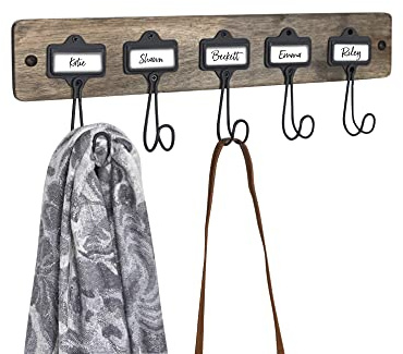 Spectrum Vintage Living 5 Hook Coat Rack Wall Mount with Nameplates for Easy Organization of Coats Jackets Backpacks & More, Wall Mounted Sturdy Rack Storage, Aged Gray Wood Industrial Gray Hooks