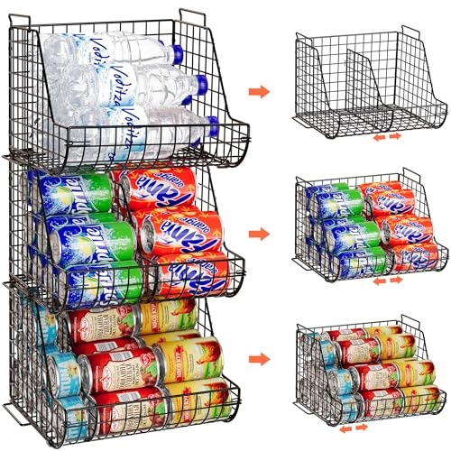 Stacking Can Dispensers 3 Tier with 3 Divider, Large Pantry Can Organizer, Beverage Drink Pop Soda Can Storage Basket, Can Holders for Pantry, Canned Food Rack Wire Bins for Kitchen Cabinet (3-Pack)