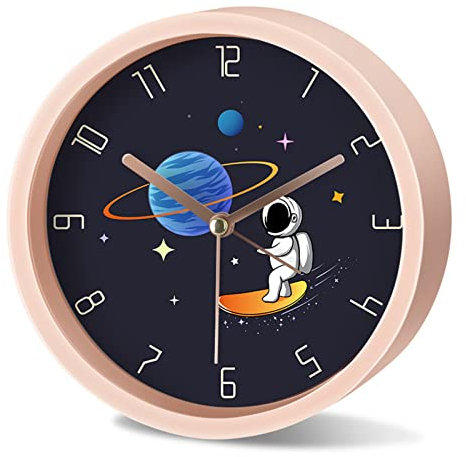EXQULEG Kinder Wecker Weltraum Astronauten, Kinderwecker Ohne Ticken, Analoger Wecker Reisewecker für Junge Mädchen und Schüler (C,Runde)