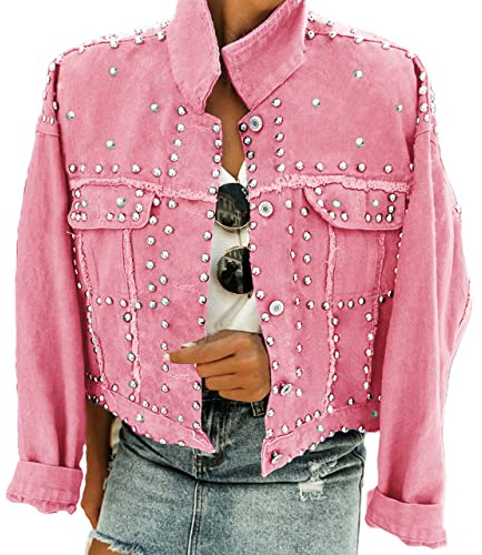 Omoone Jeansjacke für Damen, langärmelig, Nieten, leger, gewaschen, kurzer Jeansmantel, Western-Outfits