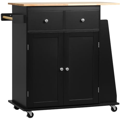 HOMCOM Desserte de Cuisine ilôt Cuisine avec Plan de Travail étagère Range-Bouteilles Porte-torchons 2 tiroirs Placard 2 Portes MDF Noir hévéa