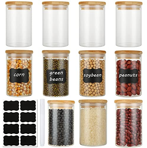 JMIATRY 12 Set Glass Spice Jars, 300ml Spice Jars with Bamboo Airtight Lids, Labels and Pen, Clear Glass Storage Jars for Flour, Sugar, Coffee, Candy and Snack