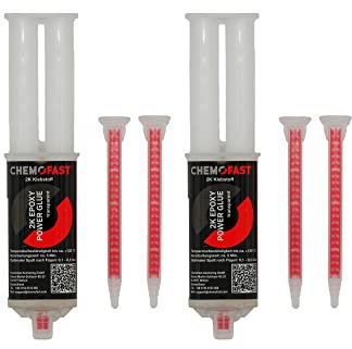 CHEMOFAST 2K Epoxy Power Glue, 2 Komponenten-Epoxidharz Kleber, Metall Stein Kunststoff, innen & außen, transparent, 2 x 25ml inkl. 4 Mischer