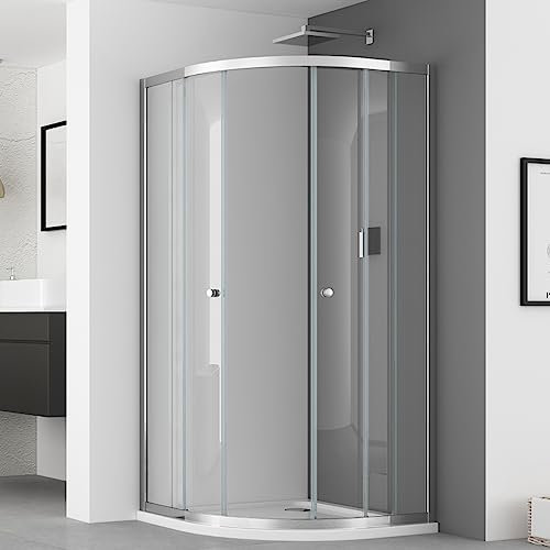 IMPTS Viertelkreis Duschkabine 80x80 komplett Duschabtrennung Runddusche Schiebetür Viertelkreisdusche 185cm aus 6mm NANO Glas, inkl.Duschtasse & Ablaufgarnitur