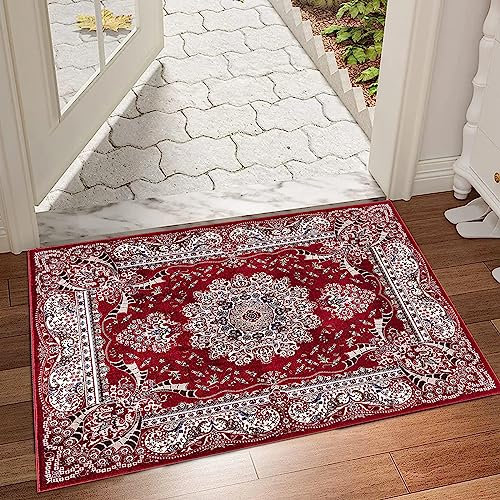 renoazul® Jute Back Vintage Small Rugs For Bedroom - Rada Red Traditional Rug - 60x110 cm - Washable Kitchen Mats, Bedside Rug and Welcome Mat