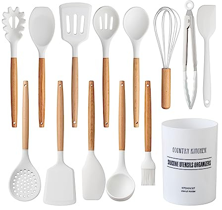 Country Kitchen Non Stick Silicone Utensil Set with Rounded Wood Handles for Cooking and Baking, 14 Piece Set, White