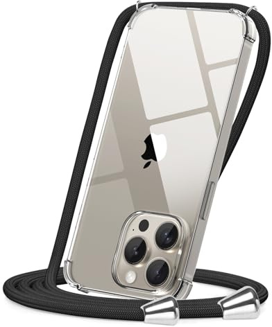 CAROKI for iPhone 15 Pro Max Case with Adjustable Cord Strap & Neck Lanyard, Slim Clear Soft Case Shockproof Bumper, Anti-Fingerprint & Wireless Charging Compatible with iPhone 15 Pro Max-Black