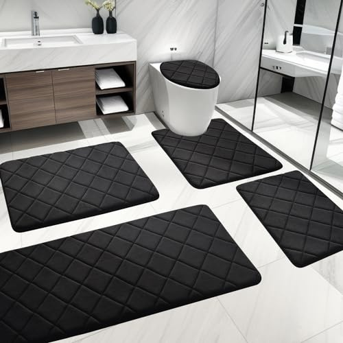 YIHOUSE Badezimmerteppich-Set, 5-teilig, weich, rutschfest, Memory-Schaum, Badezimmerteppich, maschinenwaschbar, Badteppich-Set, wasserabsorbierende Badteppiche für Toilette und Boden (schwarz)