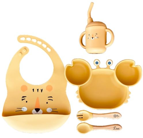 Set repas bébé personnalisé en silicone avec ventouse, assiette, couverts, bavoir et verre. Sans BPA, idéal cadeau naissance