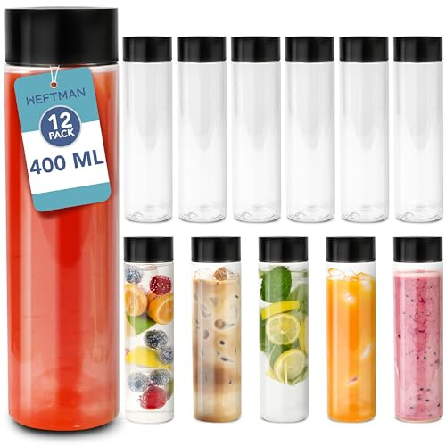 HEFTMAN Saftflaschen aus Kunststoff mit Deckel, leere, sensorische PET-Flaschen für Wasser, Eiskaffee, Smoothie To Go – schwarzer Schraubverschluss, lebensmittelecht, 12 Stück