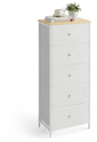 SONGMICS Chest of Drawers Bedroom, Drawer Storage Unit, Dresser with 5 Fabric Drawers, Metal Frame, Tall and Slim, for Closet, Camel Yellow and Cream White LTS315W01