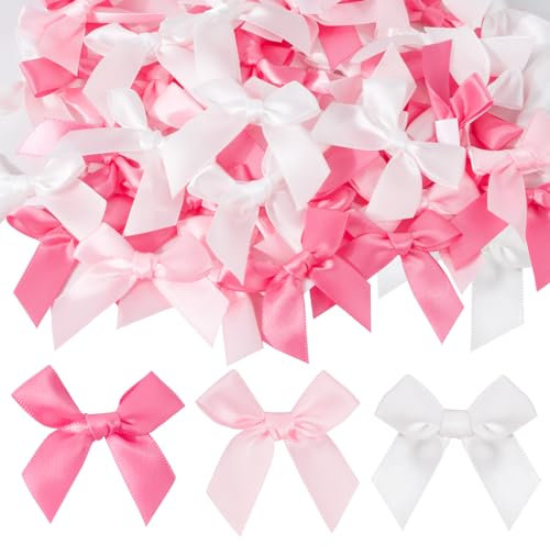 BOFUNX 60pcs Mini Fiocchi Nastro Fiocco in Raso Rosa Fiocchi Decorativi con Adesivi per Bomboniere Matrimonio Battesimo Compleanno Artigianato Cucito Fai da Te
