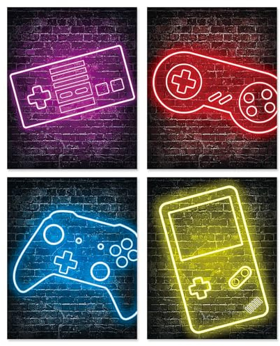 Neon Gaming Plakate Wanddekoration, 8x10 Zoll Leinwanddrucke Ungerahmter Satz von 4, Spieler Zimmer Dekor für Jungen Cool Art Poster