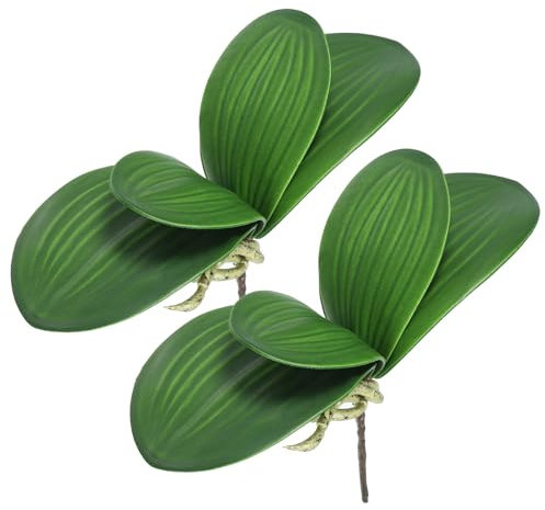 PATIKIL Faux Orchid Leaves 4.3 Inch, 2 Pack Small Artificial Phalaenopsis Foliage Real Latex Touch Green Plant 4 Leaves with Stems for Home Flowers Pot Decor, Green