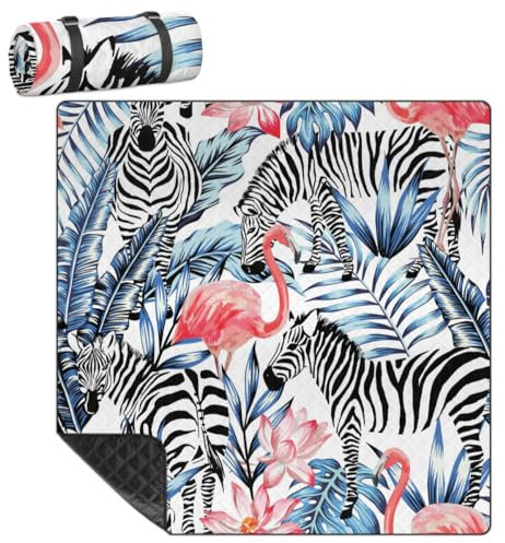 Mularoka Picknickdecke mit tropischen Zebra-Flamingo-Blättern, wasserdicht, sanddicht, faltbar, Stranddecke, 200,7 x 200,7 cm, extra groß, tragbar, waschbar, Outdoor-Matte für Camping, Park, Gras,