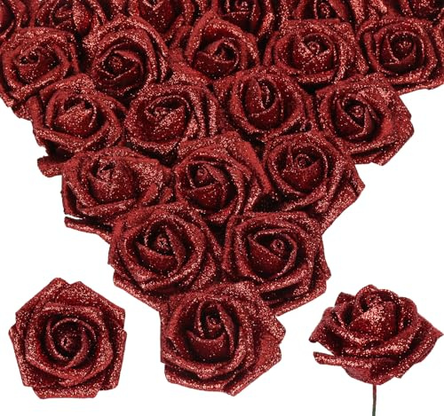INSUNSIX Rote Glitzer-Rosen, 30 Stück, künstliche rote Rosen, echt aussehend, 6,5 cm, Glitzer-Blumen, Kunstrosen mit Stielen, Schaumstoffrosen für Brautpartys, Hochzeitsstrauß-Dekorationen